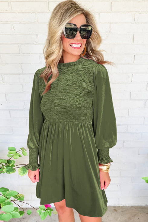 Frilled Neck Smocked Bodice Velvet Dress